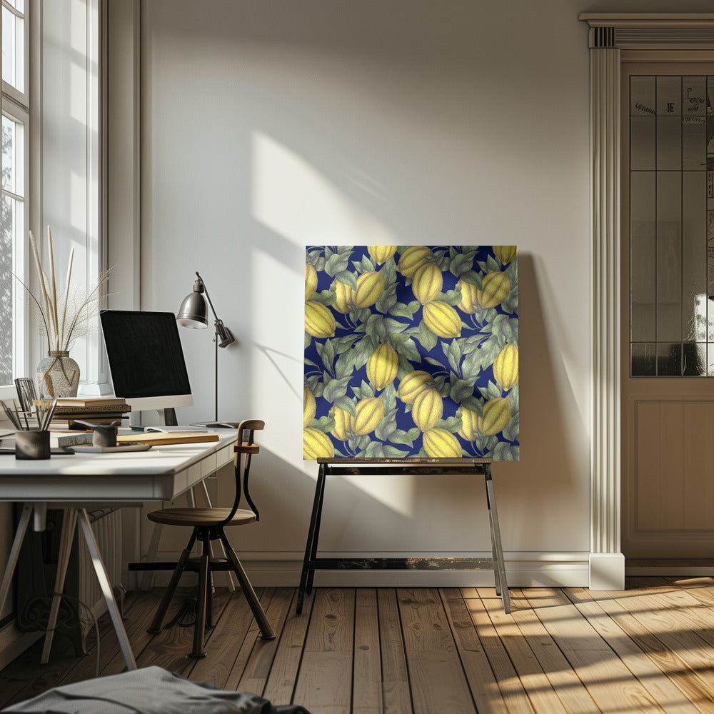Gelbe Zitrone mit grünen Blättern | Leinwand