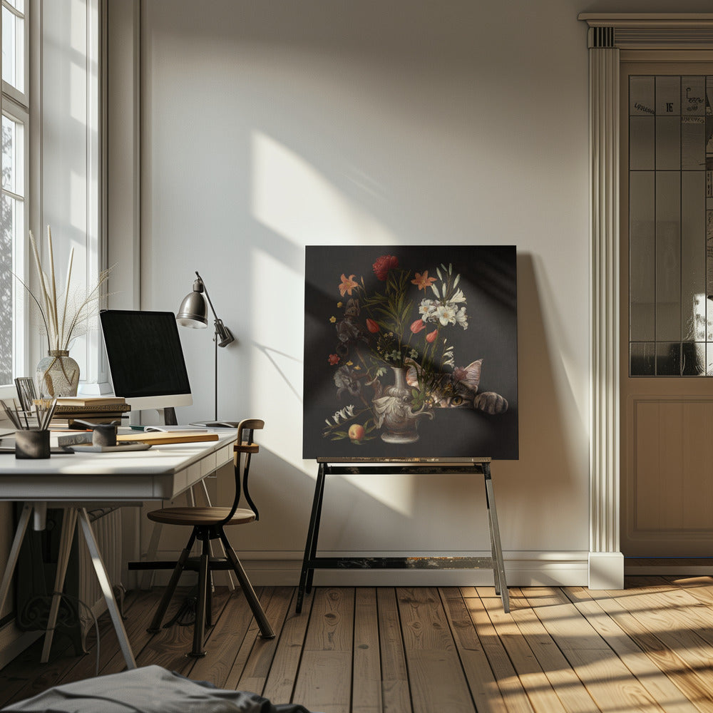 Vintage Vase mit leuchtenden Blumen | Leinwand