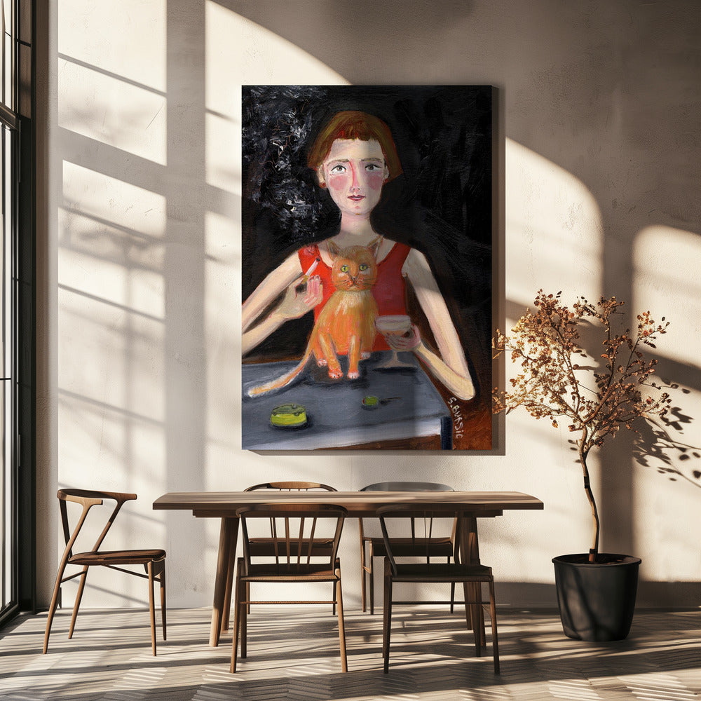 Vintage Frau mit Cocktail und Katze | Leinwand