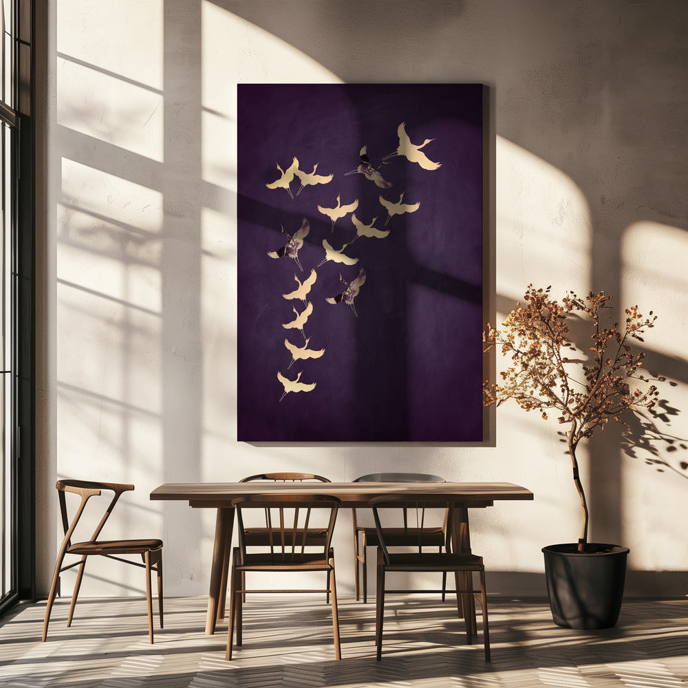 Lila fliegende Kraniche | Leinwand