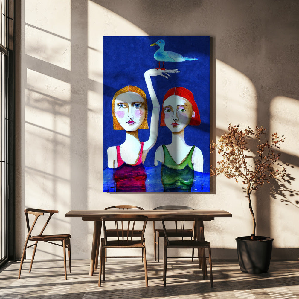 Schwimmende Damen mit blauem Vogel | Leinwand