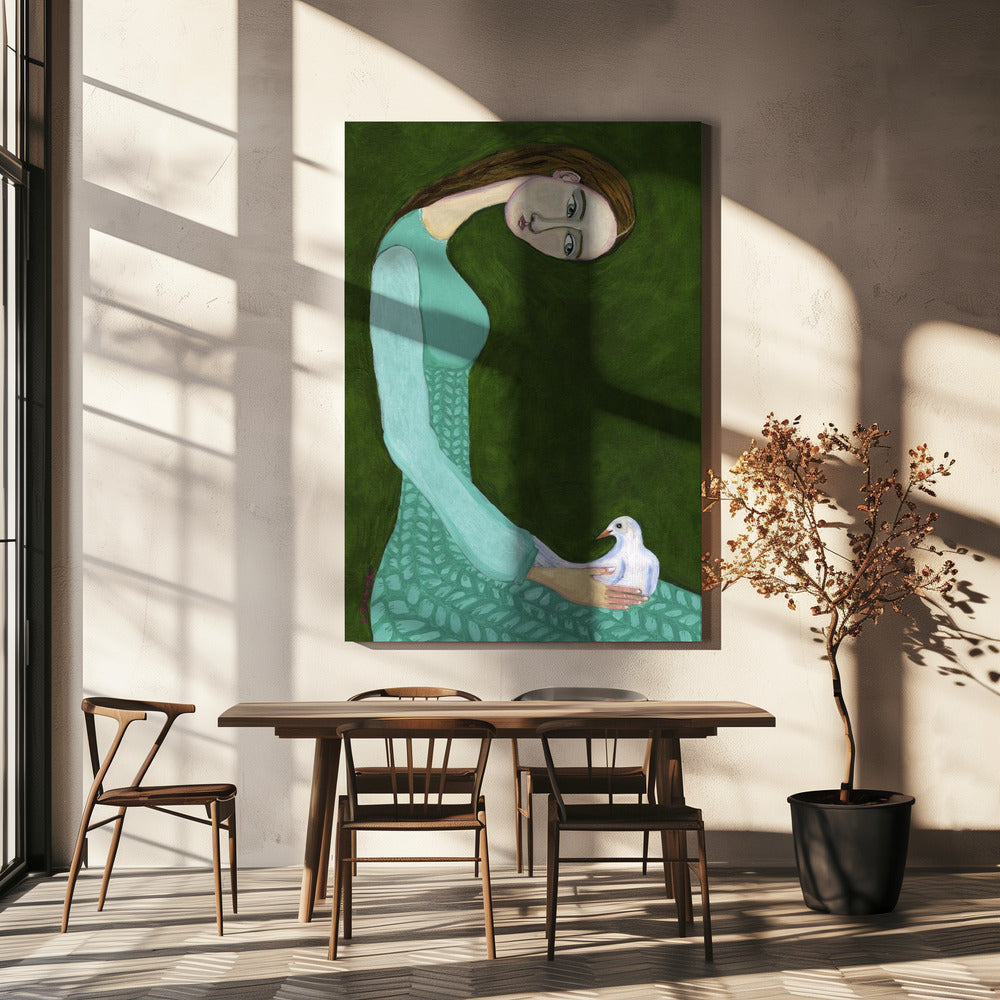 Dame sitzt mit weißer Taube Vogel Frau | Leinwand