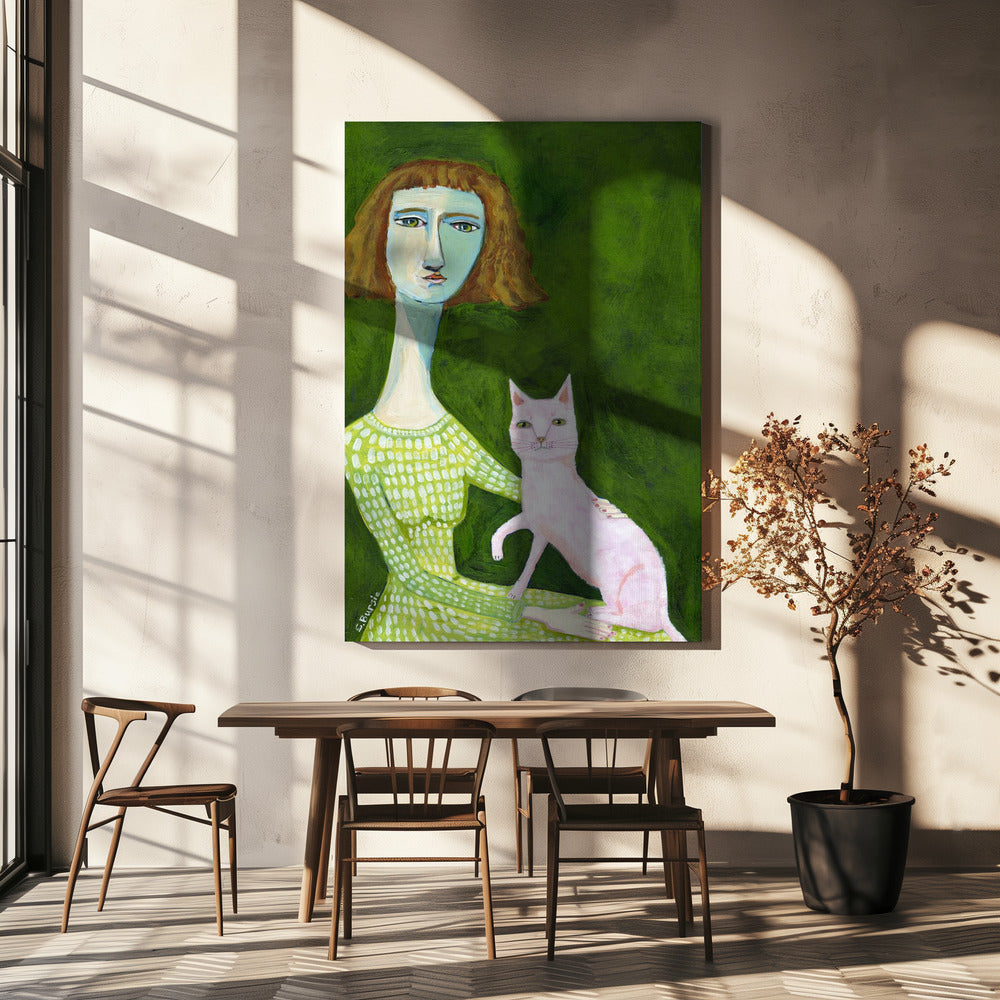 Katzendame mit rosa Katze | Leinwand