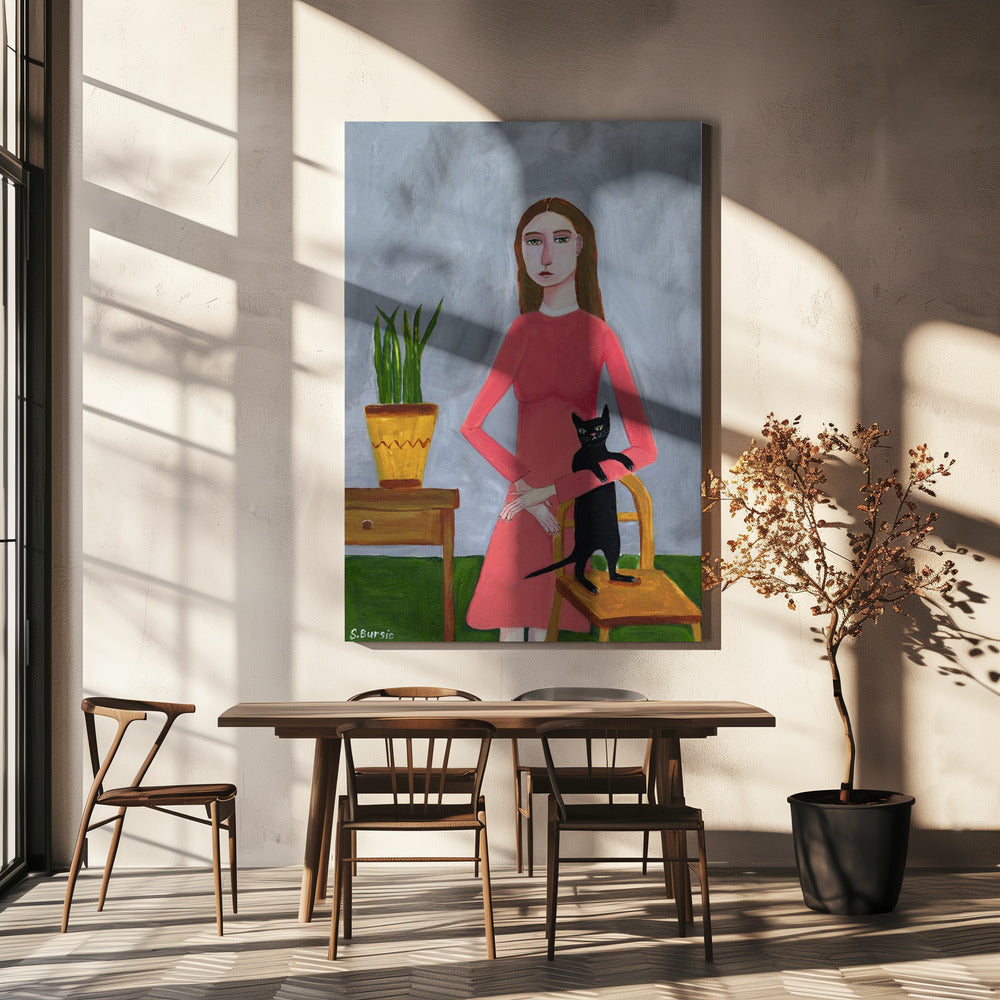 Katzendame mit schwarzer Katze | Leinwand