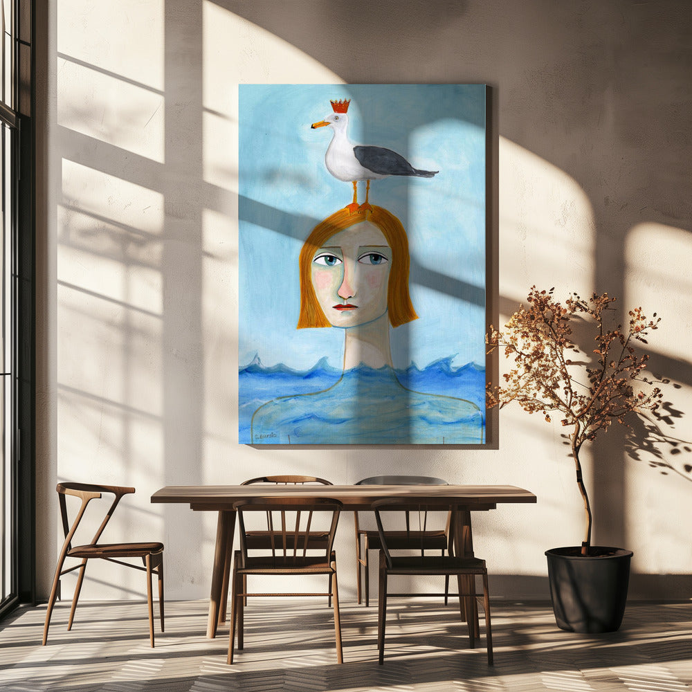 Nackte Dame im Ozean mit Möwe | Leinwand