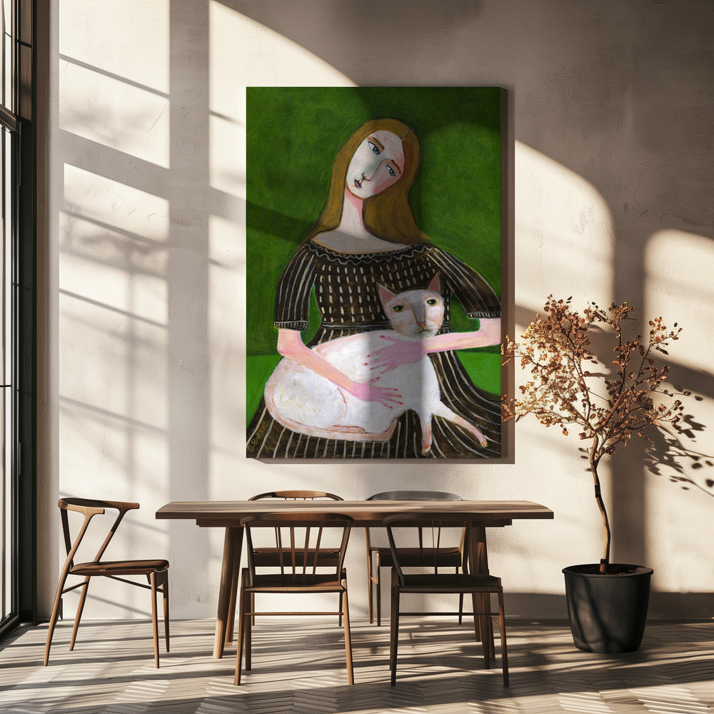 Vintage-Dame mit weißer Katze | Leinwand