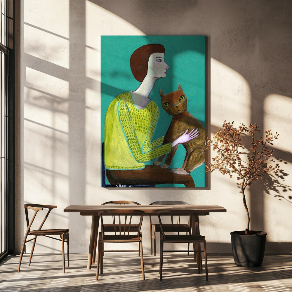 Dame sitzt mit brauner Katze Katzenliebhaber | Leinwand