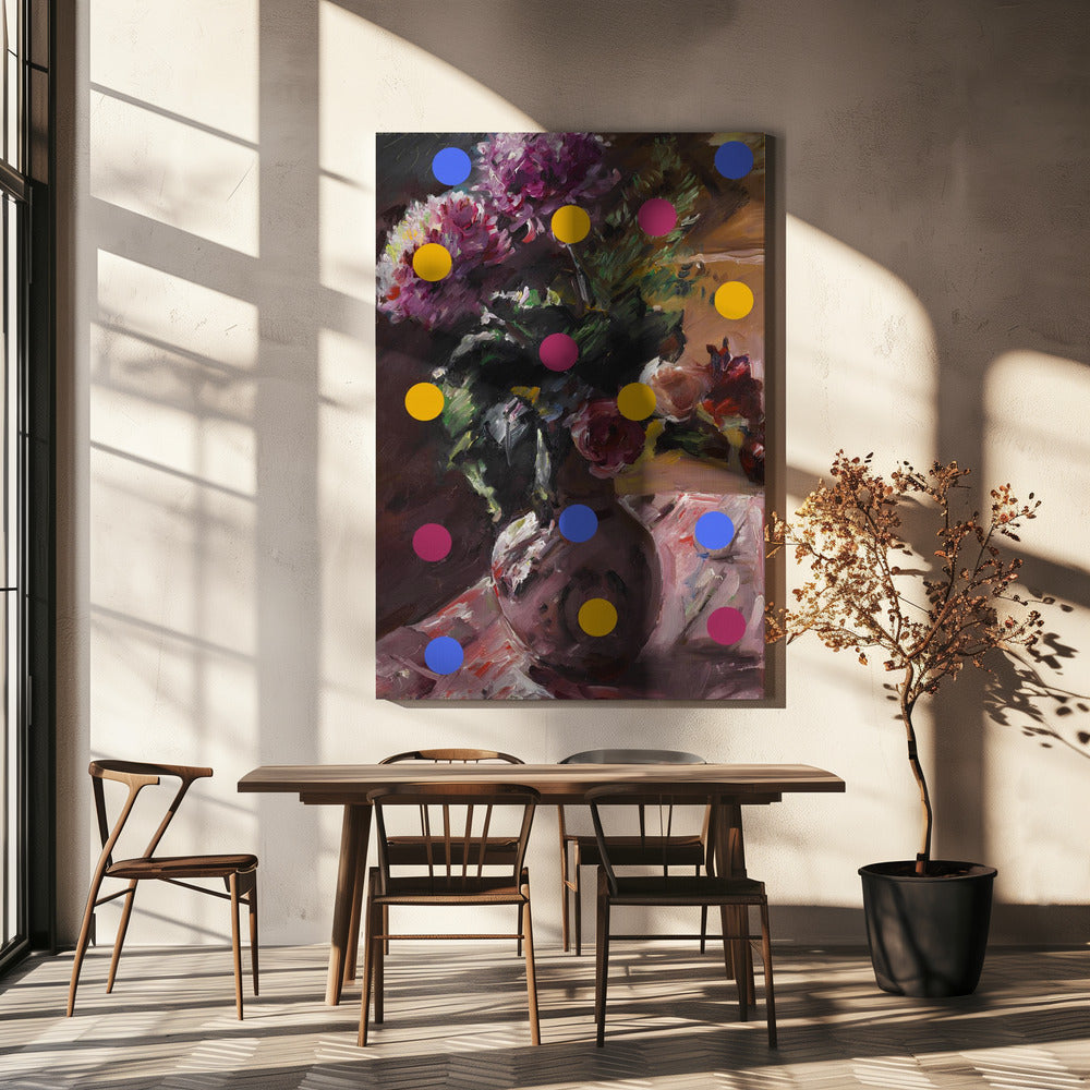 Klassische Vase mit Blumen und Punkten | Leinwand