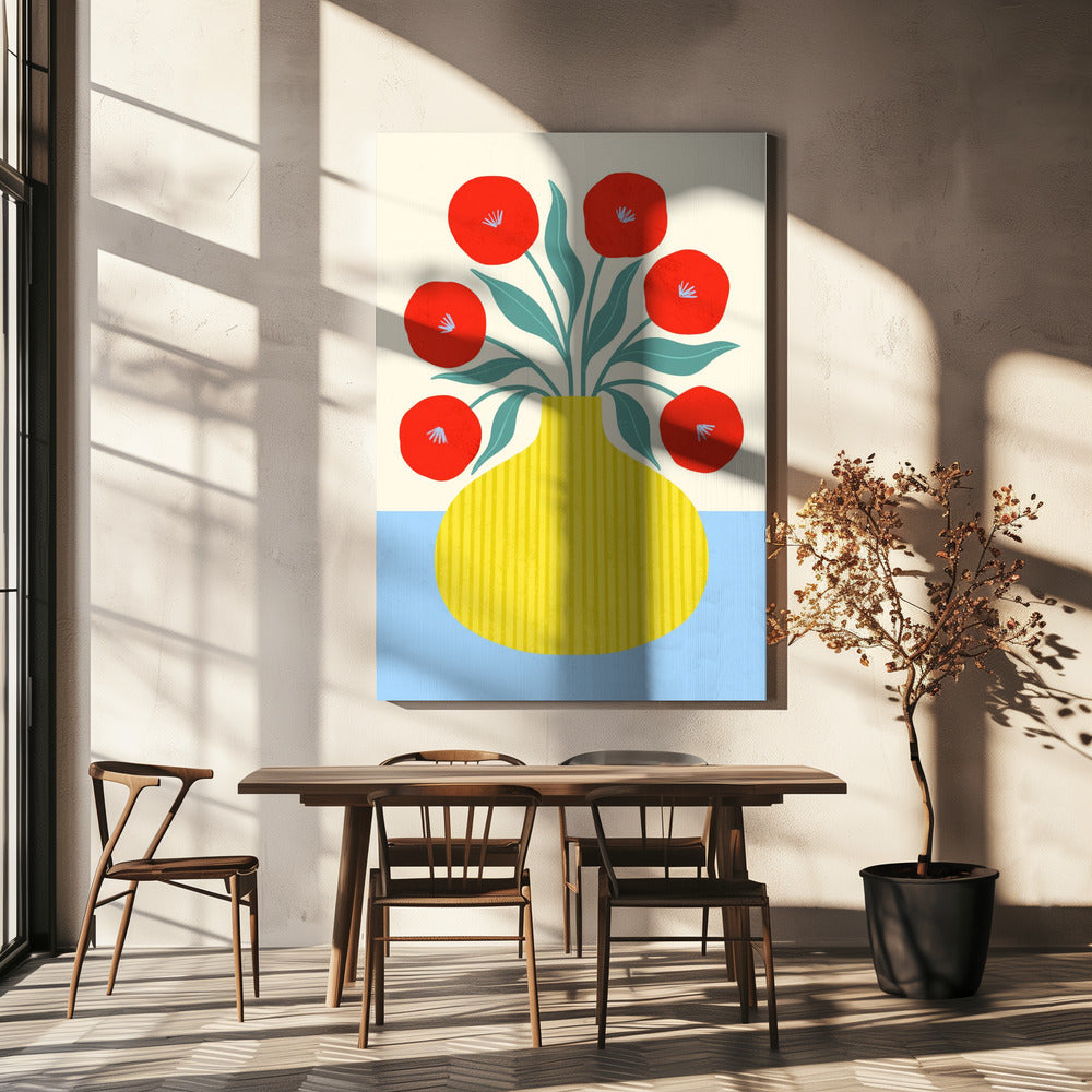 Rote Blumen in gelber Vase | Leinwand