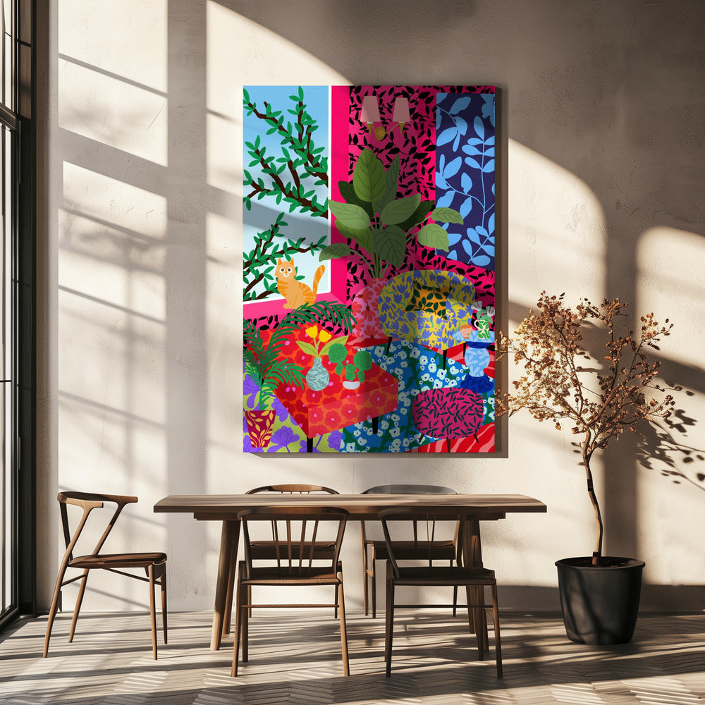 Katze im Flower Power Wohnzimmer | Leinwand