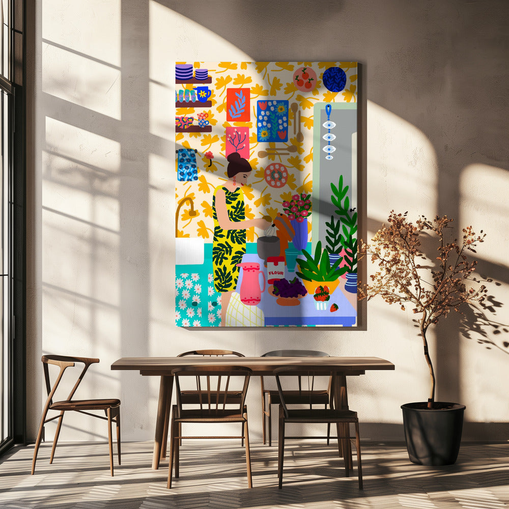 Eine Frau in einer Küche mit Blumen | Leinwand