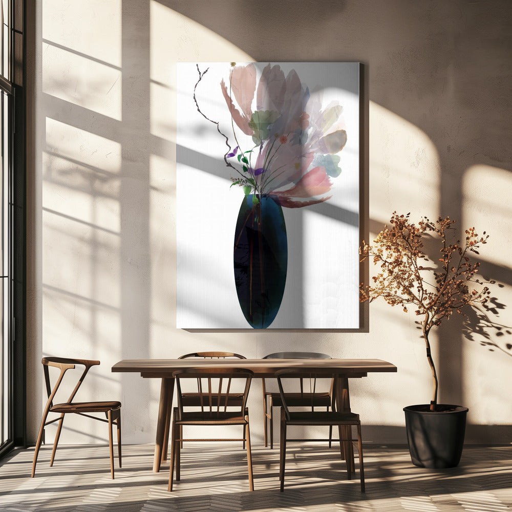 Blush Pink Blumen in blauer Glasvase | Leinwand
