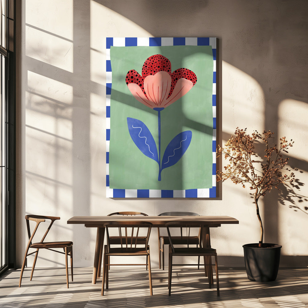 Stilisierte Blume mit roten Blütenblättern und schwarzen Punkten | Leinwand