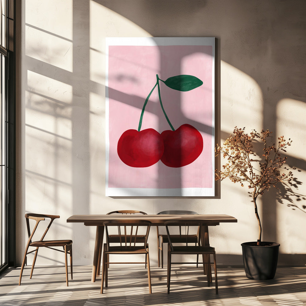Rote Kirschen mit grünem Blatt | Leinwand