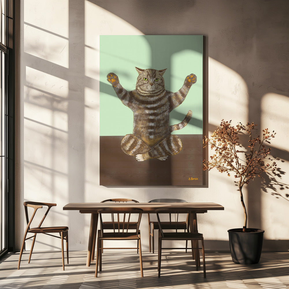 Yoga Katze Hellgrün Hintergrund | Leinwand