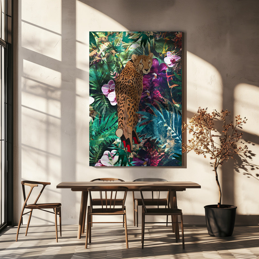 Tropischer Blumendschungel - Gepard in High Heels | Leinwand