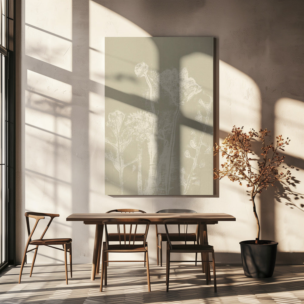 Abstrakte Blumen. Weiße Wiesenpflanzen und Blumen auf neutralem Beige. | Leinwand
