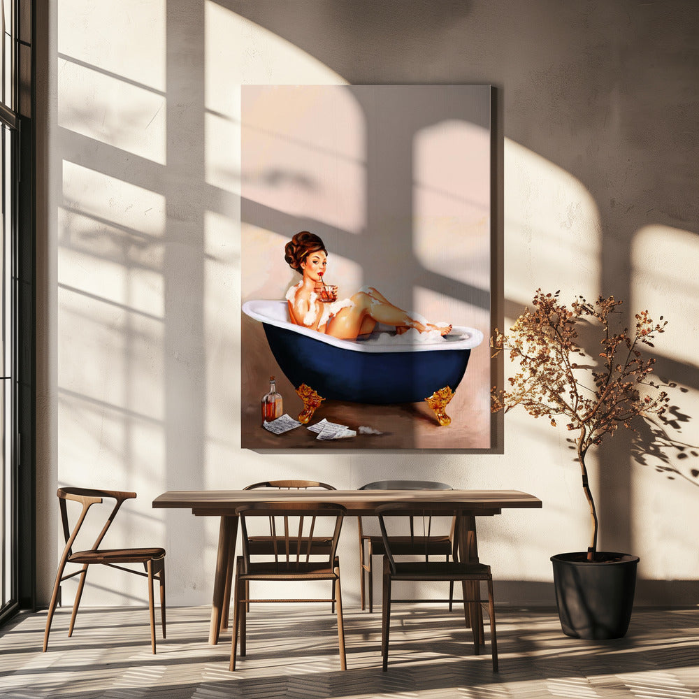 Bathtub Drinks: Pinup Girl Drinking In Bathroom | Canvas
