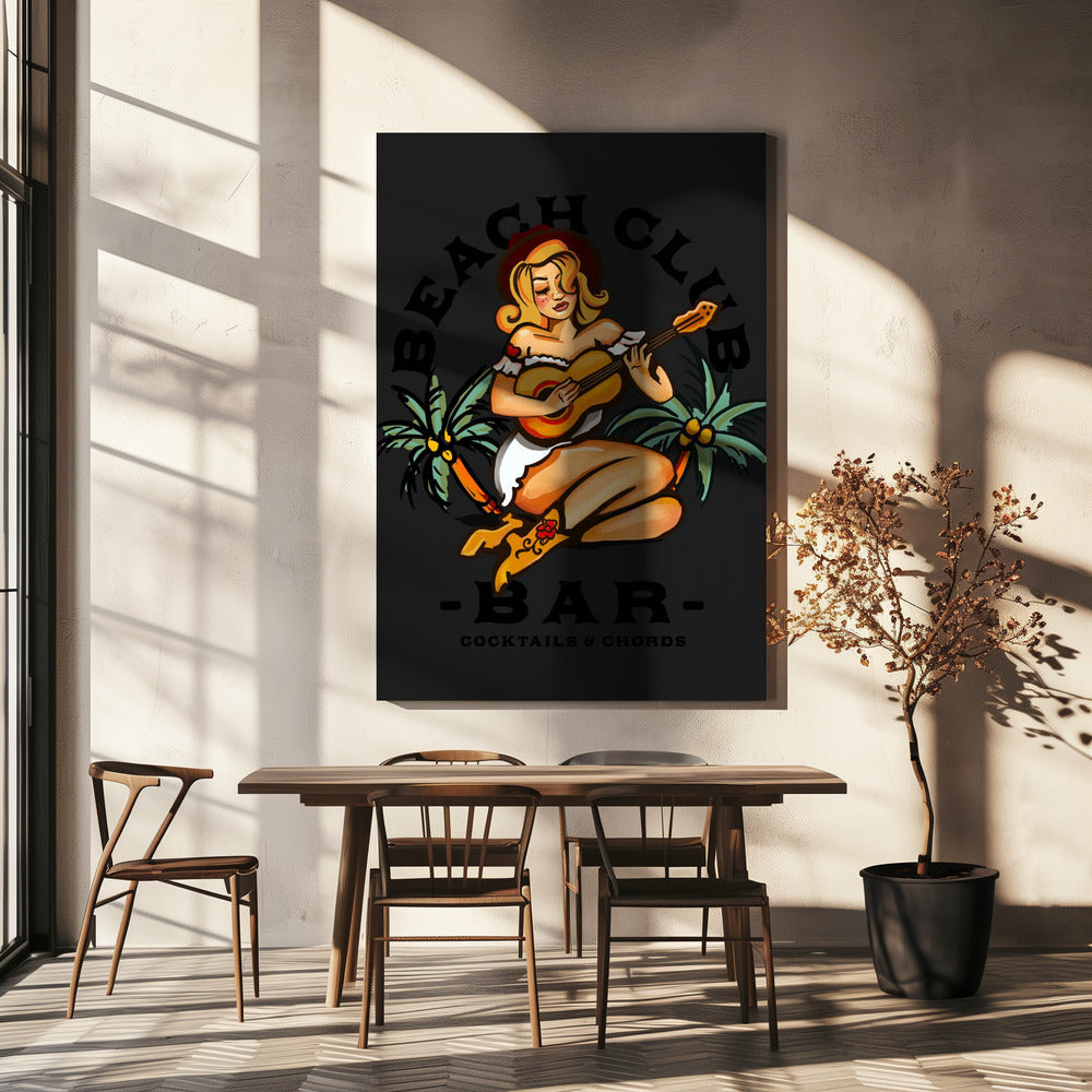 Beach Club Bar. Pin-up-Girl im Sailor Jerry-Stil spielt Gitarre | Leinwand