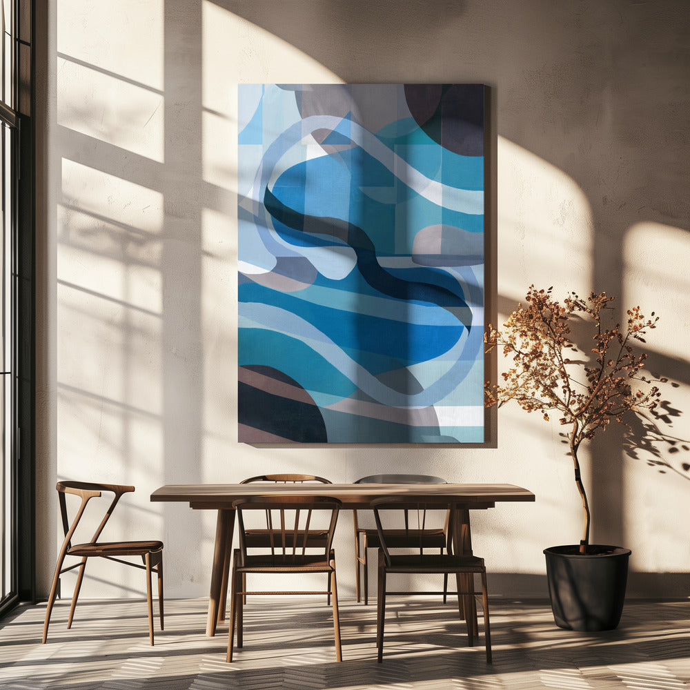 Abstrakte blaue und neutrale Swervy Shapes 1 | Leinwand