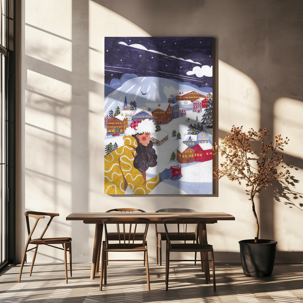 Winterlandschaft Frau mit Kaffee | Leinwand