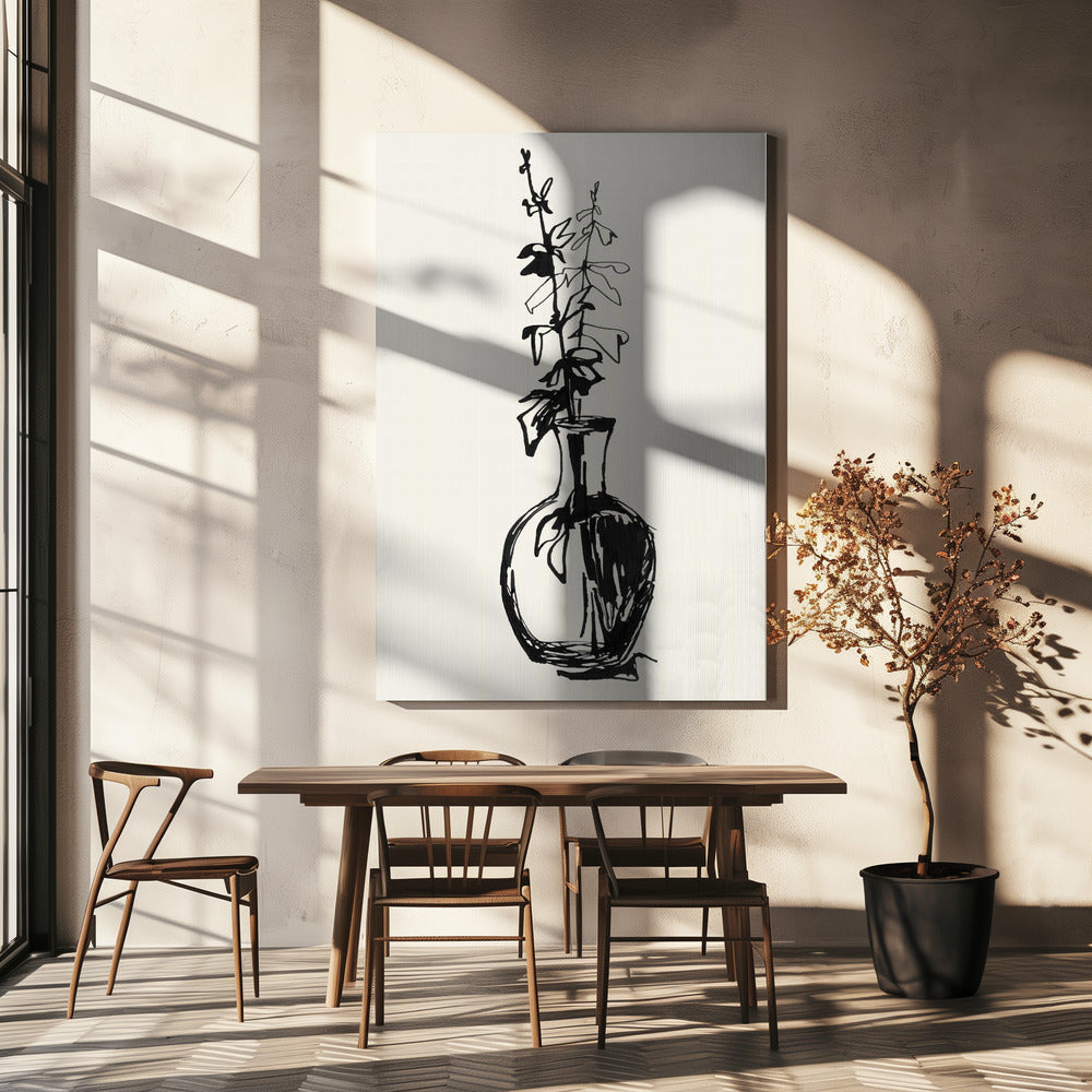 Blätter in einer Vase, Tuscheskizze | Leinwand