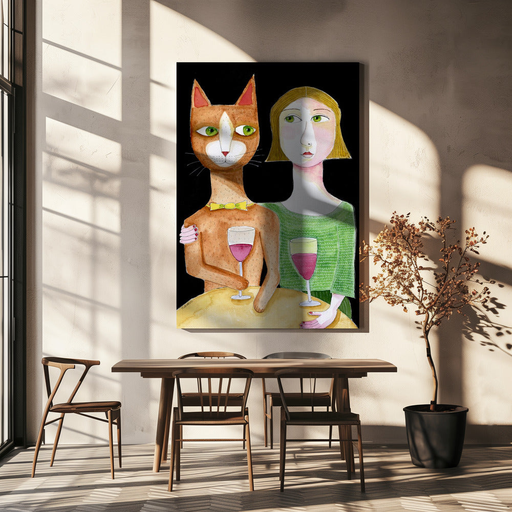 Beste Freunde Katze und Dame trinken Wein | Leinwand