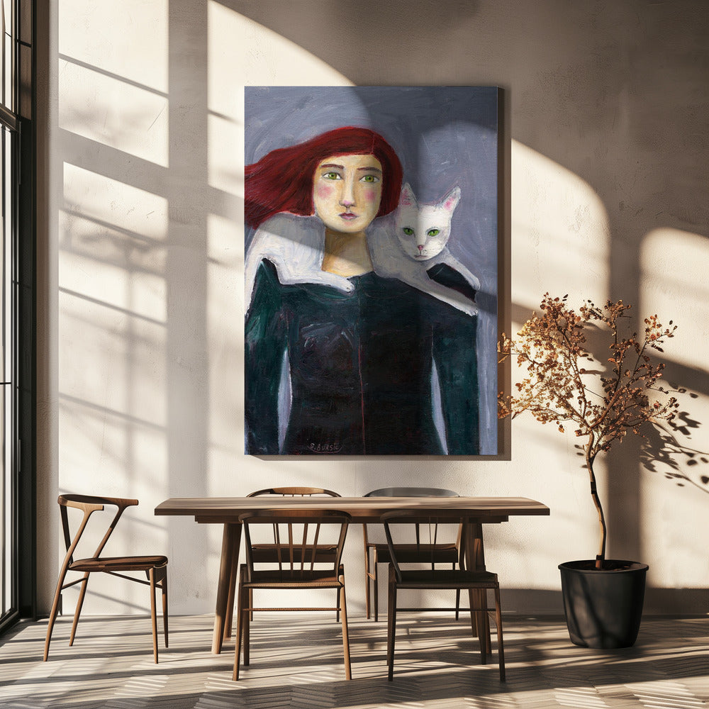 Die Dame und die weiße Katze | Leinwand