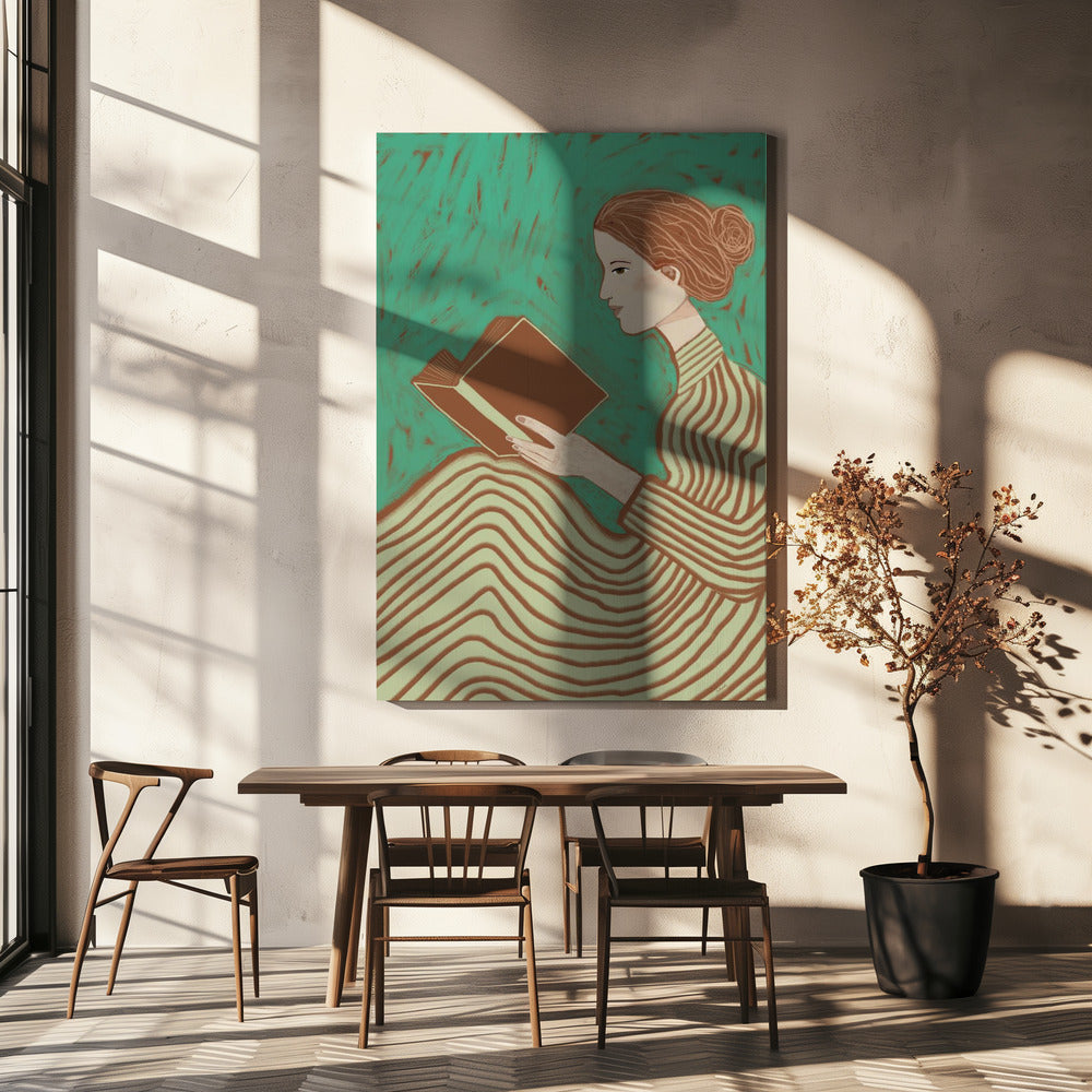 Dame liest gestreiftes Kleid | Leinwand