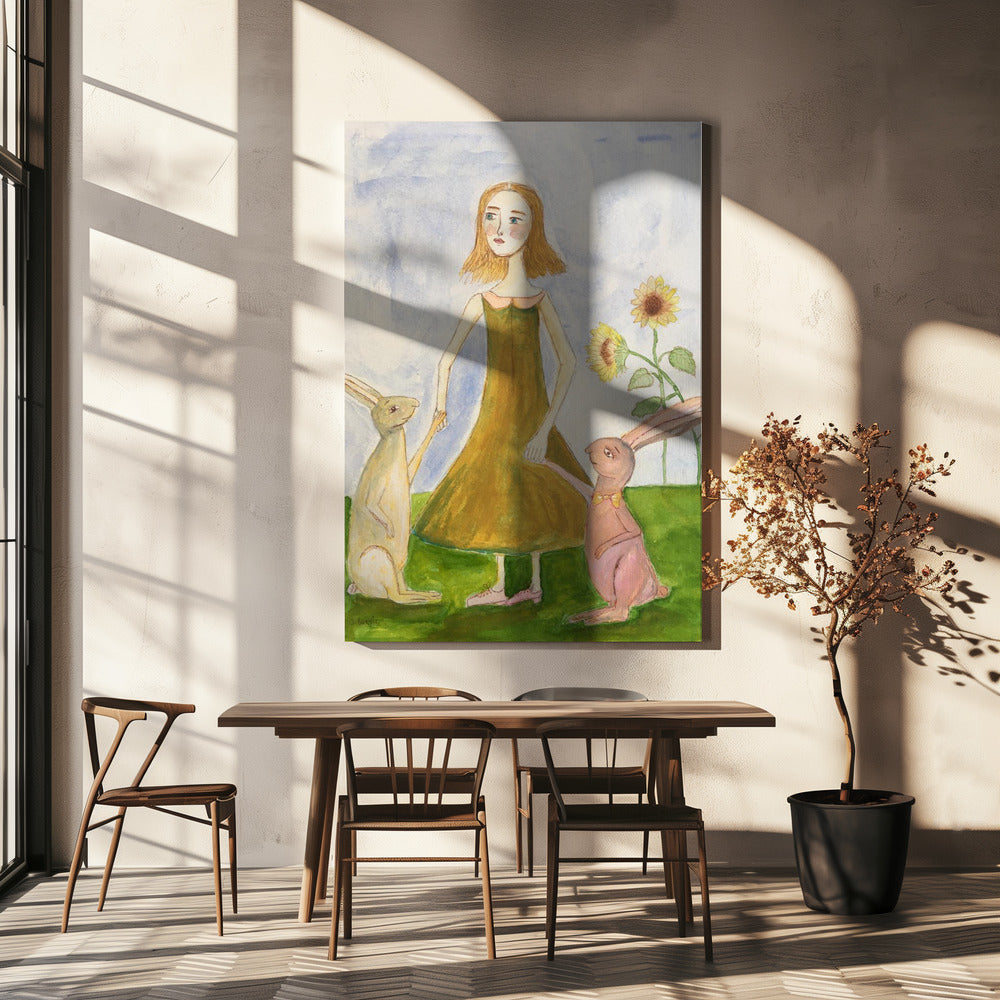 Mädchen mit ihren Kaninchen | Leinwand