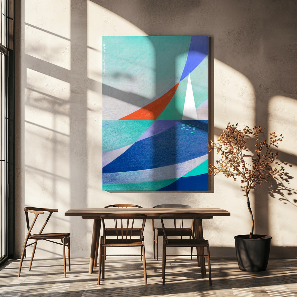 Abstrakte Ozeankunst mit minimalistischem weißen Segelboot auf dem Meer | Leinwand