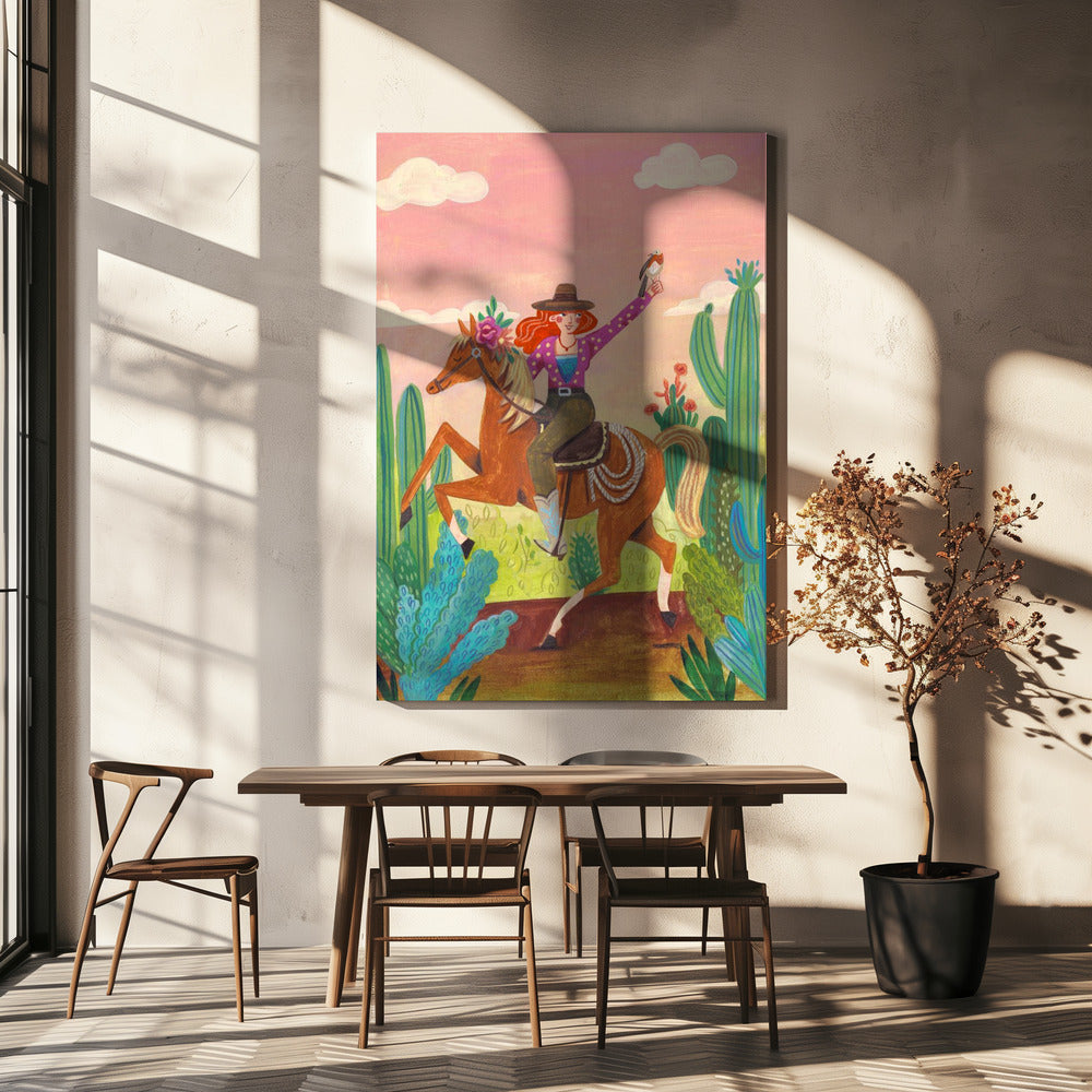 Cowgirl auf Pferd in der Wüste | Leinwand