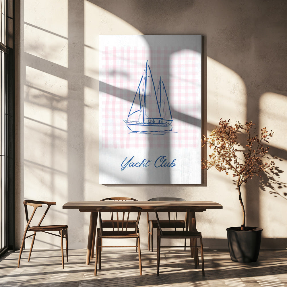 Minimalistische blaue Linienzeichnung einer Yacht | Leinwand