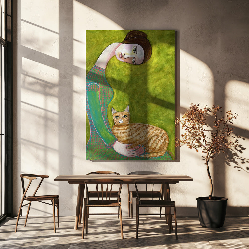 Bent Neck Lady mit ihrer geliebten roten Katze. | Leinwand