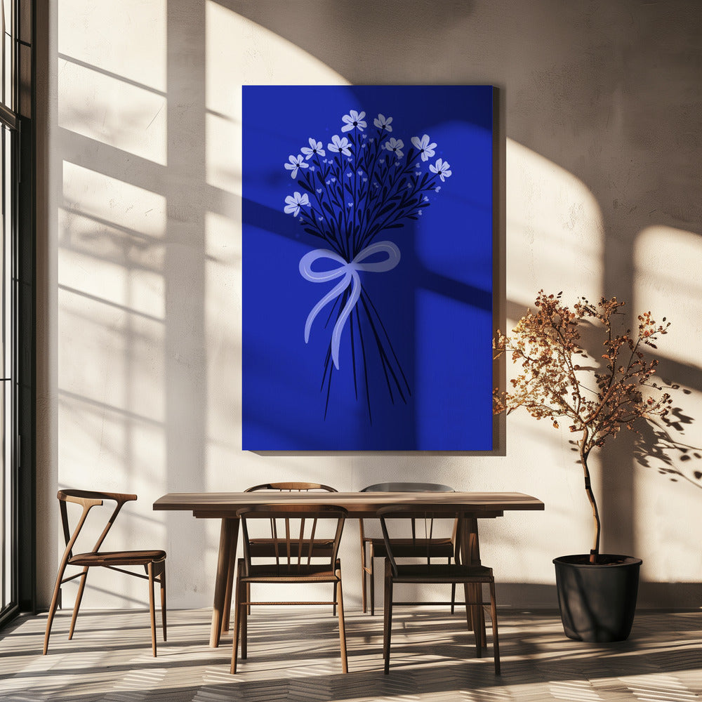 Floral Bouquet With Bow - monochrome blue | Canvas