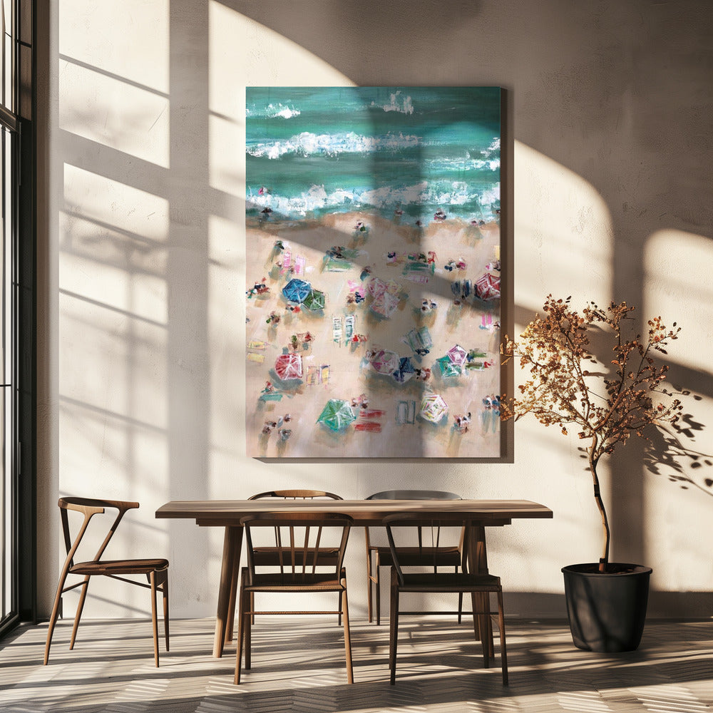 Bunte Sonnenschirme und Sonnenanbeter an einem Sandstrand | Leinwand