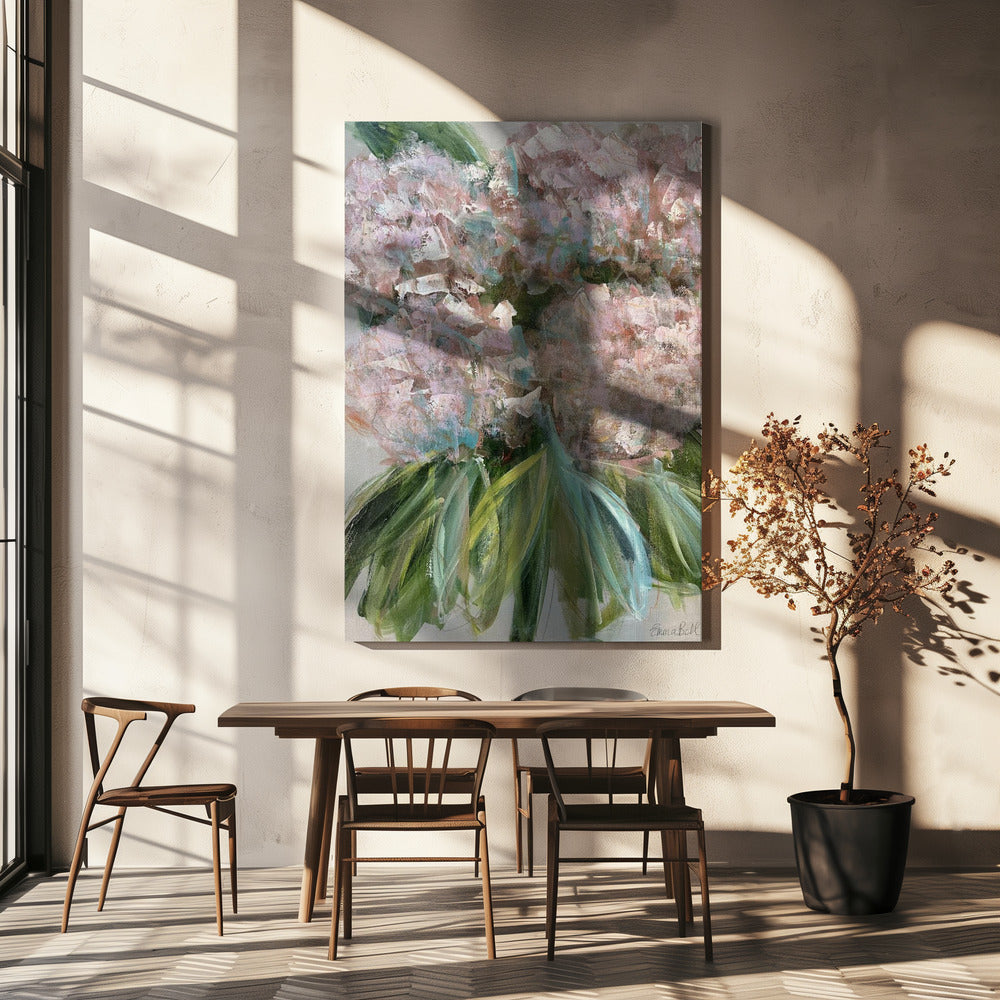 Rosa Hortensien mit grünen Blättern | Leinwand