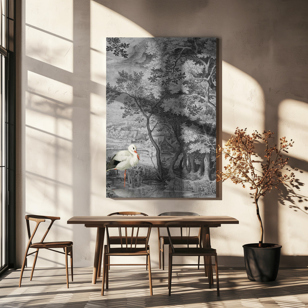 Vintage Landschaft mit Storch | Leinwand