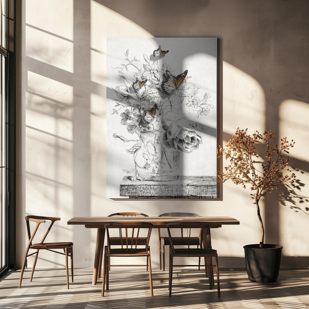 The Butterflies & The Vase With Flowers | Canvas