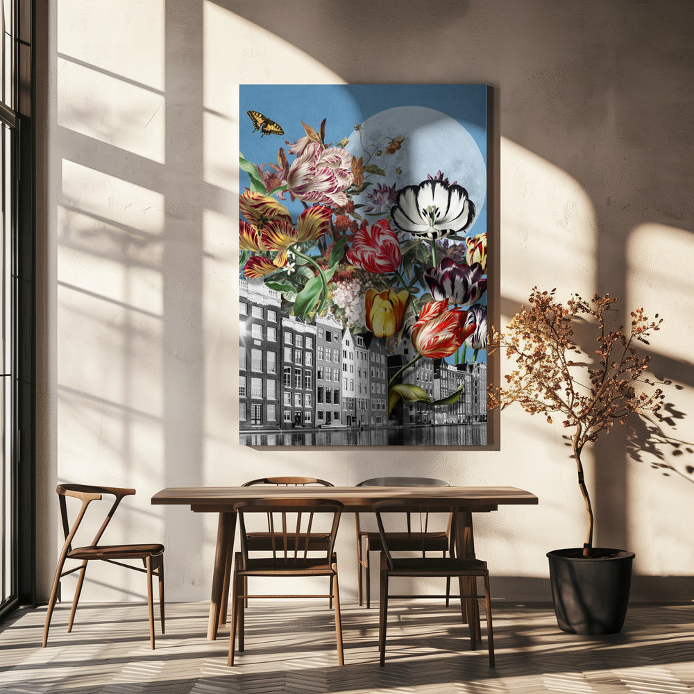 Lebendige Tulpen und komplizierte Schmetterlinge | Leinwand