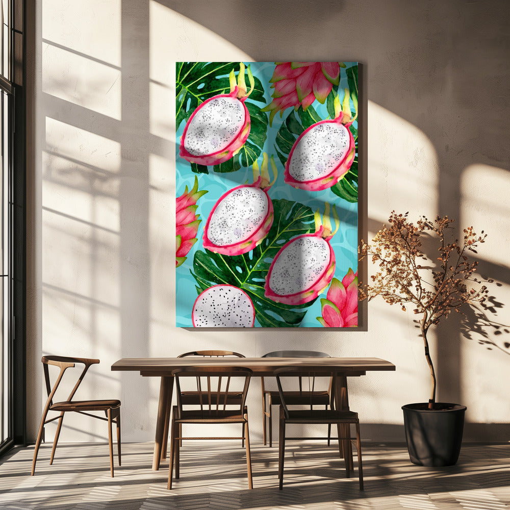 Lebendiges ästhetisches Muster aus Drachenfrucht und Monstera-Blättern – Exotisches tropisches Aquarell | Leinwand