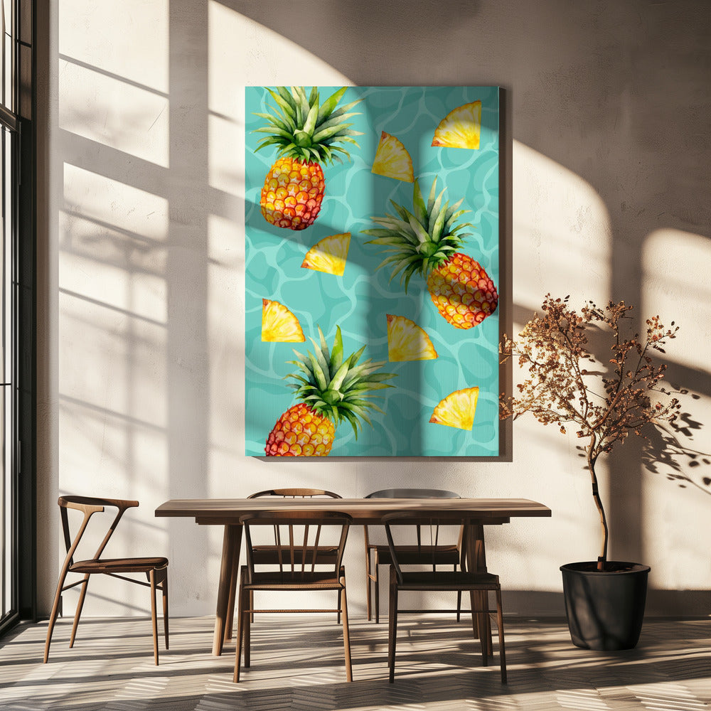 Exotisches Ananas- und Ananasscheiben-Muster – Tropisches Sommer-Aquarell | Leinwand