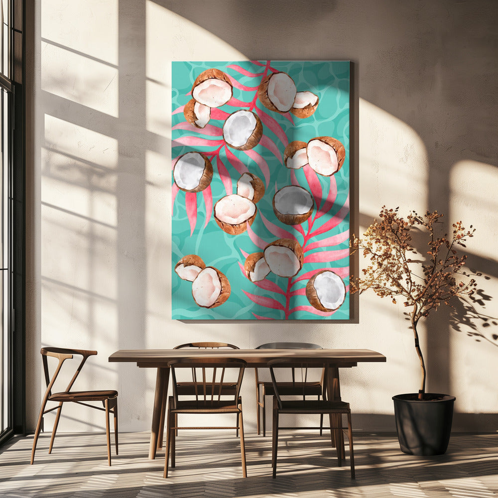 Rosa tropische Kokosnuss & Palmblätter – Modernes Aquarell | Leinwand