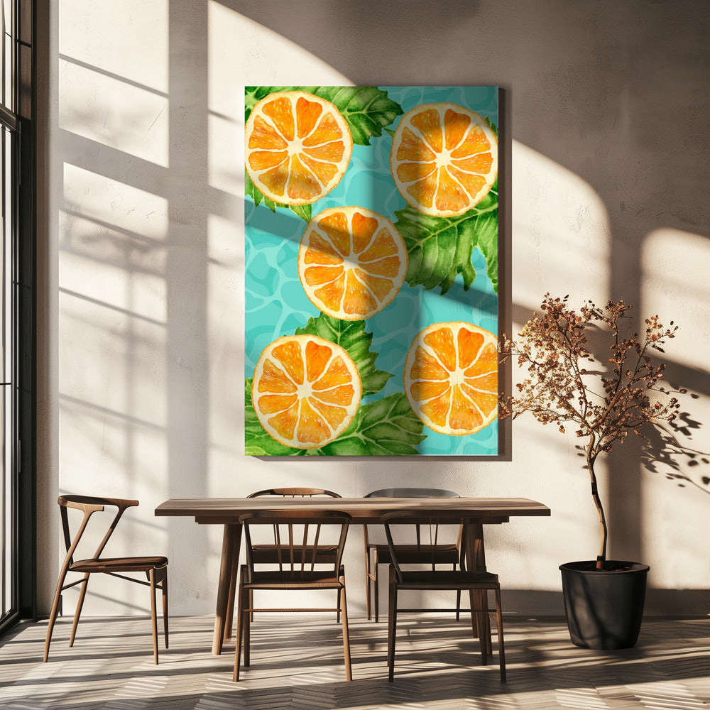 Lebendiges ästhetisches Muster aus Orangenscheiben und Blättern – Erfrischendes Sommer-Aquarell | Leinwand