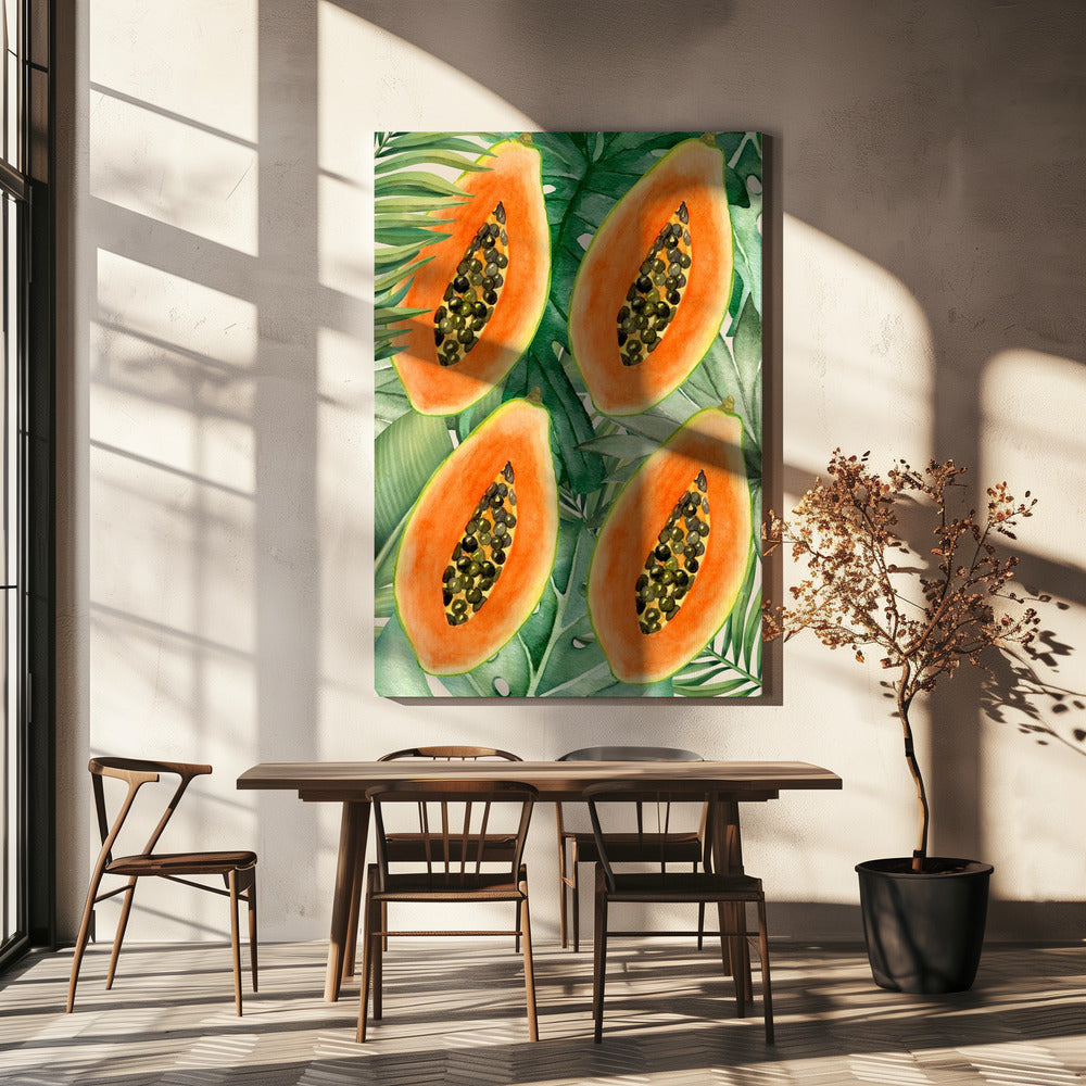 Ästhetisches Muster mit exotischer Papaya und üppigen grünen Blättern – Tropisches botanisches Aquarell | Leinwand