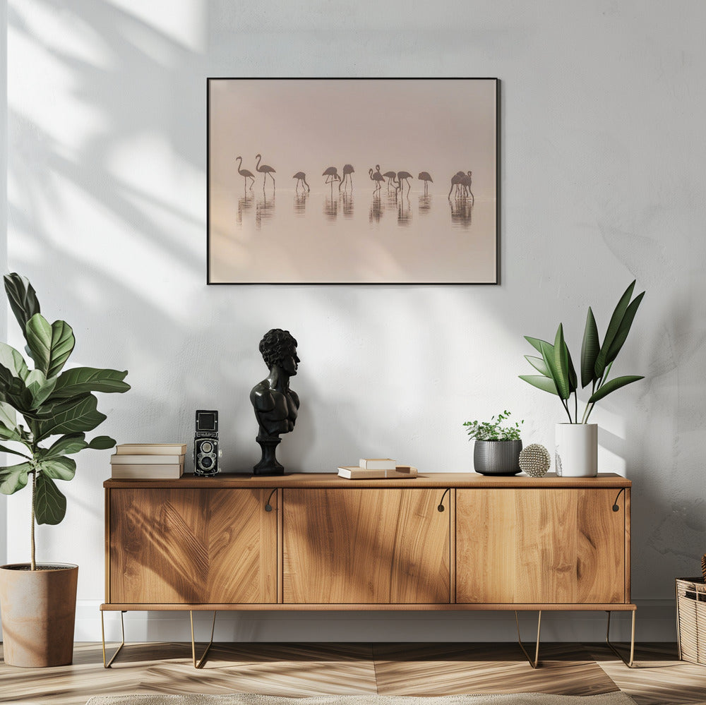 Flamingos im Nebel | Poster
