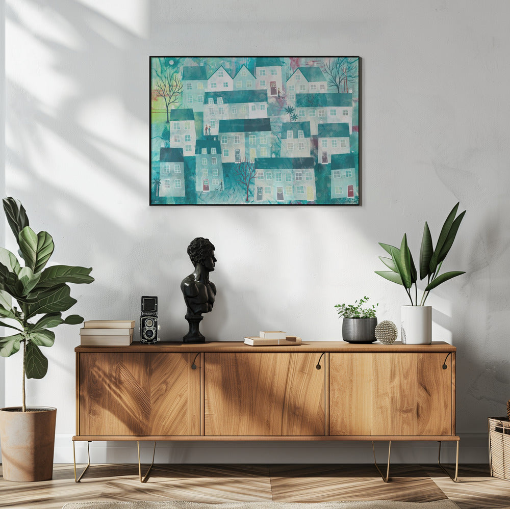 Wunderliche Dorfszene mit stilisierten Häusern | Poster