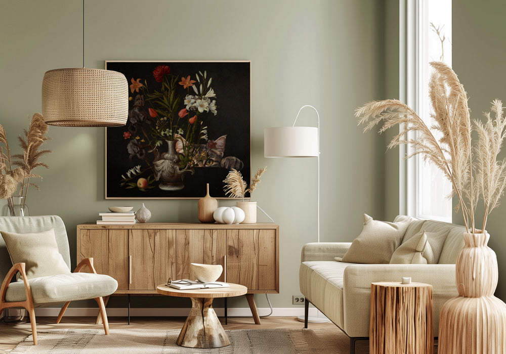 Vintage Vase mit leuchtenden Blumen | Leinwand