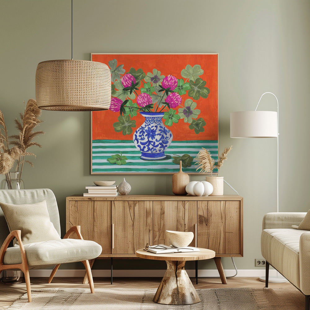 Kleeblätter und rosa Blüten | Leinwand