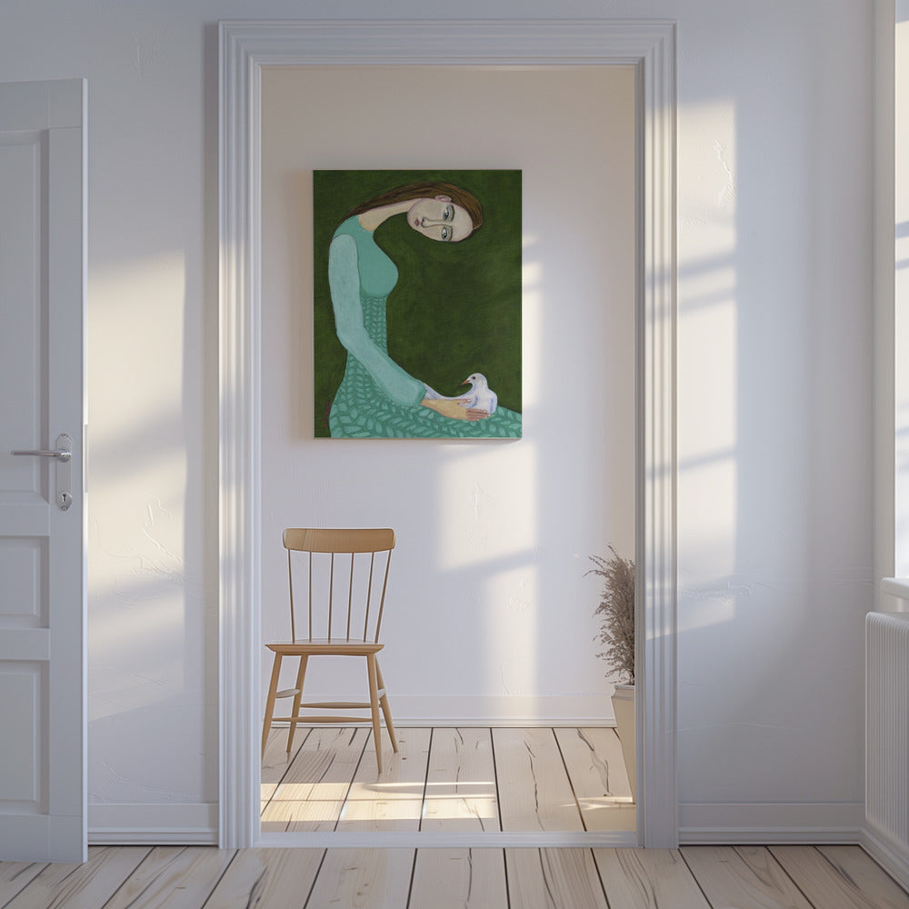 Dame sitzt mit weißer Taube Vogel Frau | Leinwand